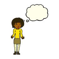 cartoon woman shrugging shoulders with thought bubble N236