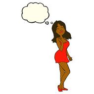 cartoon pretty woman in cocktail dress with thought bubble N6