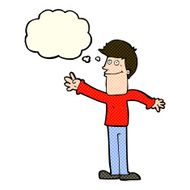 cartoon happy man waving with thought bubble N17