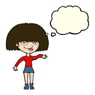 cartoon smug woman making dismissive gesture with thought bubble N5