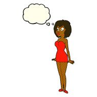 cartoon surprised woman in short dress with thought bubble N5