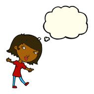 cartoon happy girl gesturing to follow with thought bubble N6