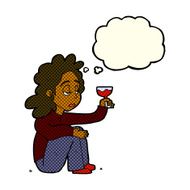 cartoon unhappy woman with glass of wine thought bubble N6