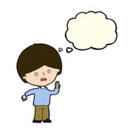 cartoon unhappy boy giving peace sign with thought bubble N5