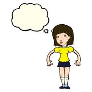 cartoon woman looking sideways with thought bubble N5