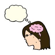 cartoon female head with brain symbol thought bubble N10