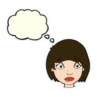 cartoon worried female face with thought bubble N5