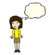 cartoon woman shrugging shoulders with thought bubble N238