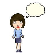 cartoon woman shrugging shoulders with thought bubble N239