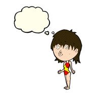 cartoon woman in swimsuit shrugging shoulders with thought bubbl N3