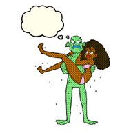 cartoon swamp monster carrying woman in bikini with thought bubb N4