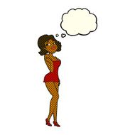 cartoon attractive woman in short dress with thought bubble N5