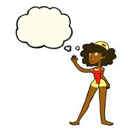 cartoon swimmer woman with thought bubble N6