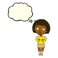cartoon woman making Who Me? gesture with thought bubble N23