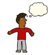 cartoon man shrugging shoulders with thought bubble N16