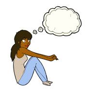cartoon happy woman sitting with thought bubble N10