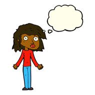 cartoon girl shrugging shoulders with thought bubble N16