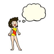 cartoon woman in swimming costume with thought bubble N5