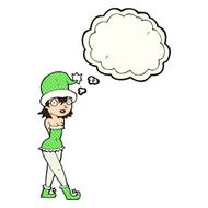 cartoon woman in christmas elf costume with thought bubble N5