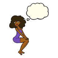 cartoon sitting woman in dress with thought bubble N6