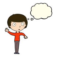 cartoon waving boy with thought bubble N9