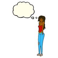 cartoon pretty woman shrugging shoulders with thought bubble N6