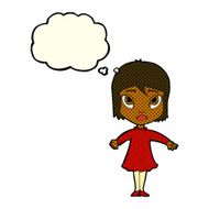 cartoon girl in dress with thought bubble N6