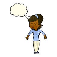 cartoon friendly woman shrugging shoulders with thought bubble N6