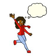cartoon woman waving dressed for winter with thought bubble N6