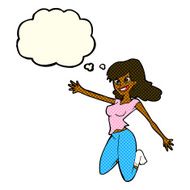 cartoon jumping woman with thought bubble N6