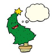 cartoon dancing christmas tree with thought bubble N8