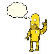 cartoon waving gold robot with thought bubble N3