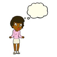 cartoon woman shrugging shoulders with thought bubble N241