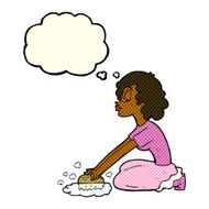 cartoon woman scrubbing floor with thought bubble N4