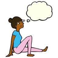 cartoon woman sitting with thought bubble N9
