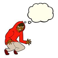 cartoon mischievous boy in hooded top with thought bubble N5