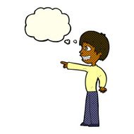 cartoon grinning boy pointing with thought bubble N5