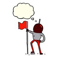 cartoon astronaut planting flag with thought bubble N3