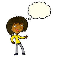 cartoon woman laughing and pointing with thought bubble N6