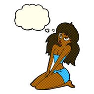 cartoon woman in skimpy clothing with thought bubble N6