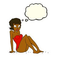 cartoon woman in swimsuit with thought bubble N5