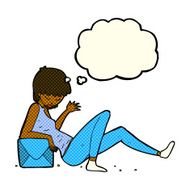 cartoon woman leaning on package box with thought bubble N6
