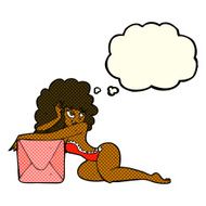 cartoon pin up woman with box thought bubble N5
