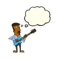 cartoon man playing electric guitar with thought bubble N11