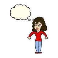 cartoon woman shrugging shoulders with thought bubble N242