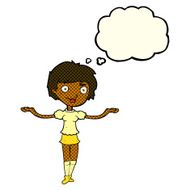 cartoon woman spreading arms with thought bubble N6