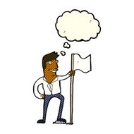 cartoon man planting flag with thought bubble N6