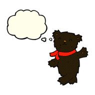 cartoon waving teddy black bear with thought bubble N3