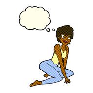 cartoon happy woman sitting on floor with thought bubble N12