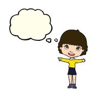 cartoon happy woman pointing with thought bubble N34
